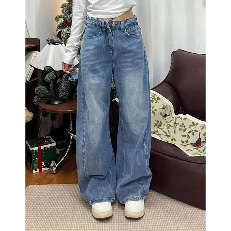 Jeans Retrò con Stampa di Lettere in Cristallo per Donne, Pantaloni in Denim a Vita Alta Stile Coreano, Pantaloni Larghi Chic e Brillanti