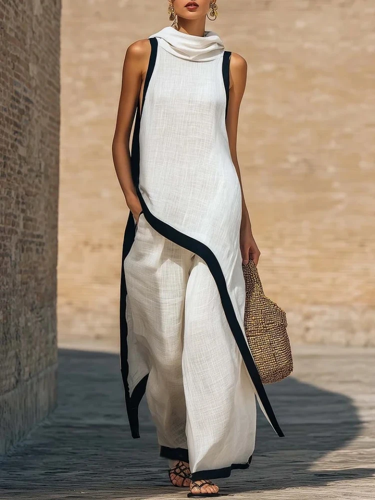 

Women's Two-piece Sleeveless Contrasting Color Wide-leg Trousers 2026 Summer Casual Fashion Solid Color Irregular Suit For Women