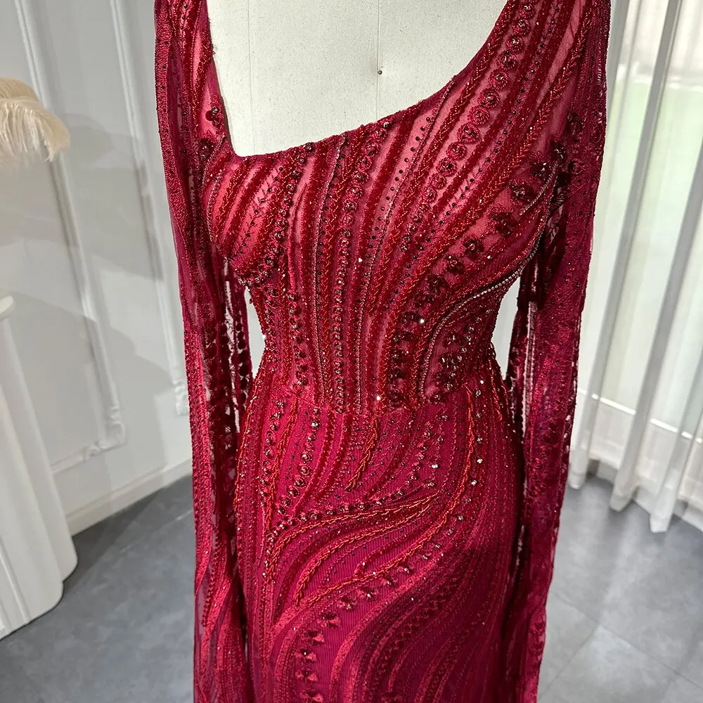 Elegant Burgundy Mermaid Evening Dresses with Long Sleeve Luxury Dubai Crystal Women Wedding Formal Party Gown LSZ146