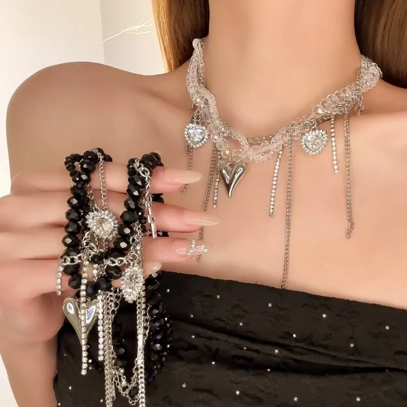 

Choker Necklace Features Sweet Cool Tassels Unique Crystal Beaded Design Luxury Heavy Industry Cute Girl Heart Niche 2025 Goth