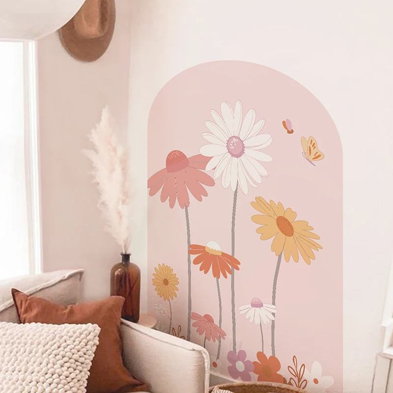 Pink Watercolor Arch Shape Daisy Wall Sticker Vinyl Waterproof Self-adhesive Flowers Wall Decal for Kids room Nursery Home Decor