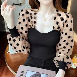 Elegant Top Women Square Neck Shirt&Blouses Long sleeve Dot Floral Lantern Sleeve Chiffon Patchwork Mesh Gauze Retro Office Lady