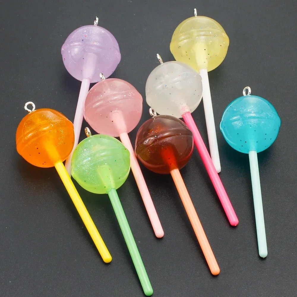 6pcs Glittery Lollipop Resin Charms 3D Luminous Candy Sweets Pendants for Earring Necklace Keychain Diy Jewelry Making Supplies