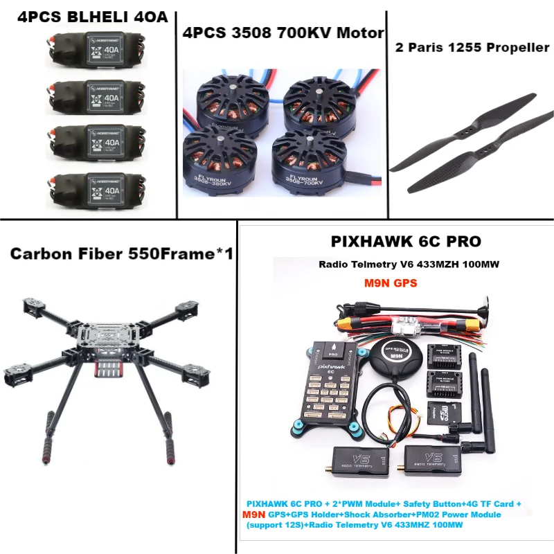 

RctoSk 550 Hexa Frame PIXHAWK 6C PRO M9N Flight Control Carbon Ardupilot Radio Telemetry Quadcopter 40A 3508 700KV Motor ESC