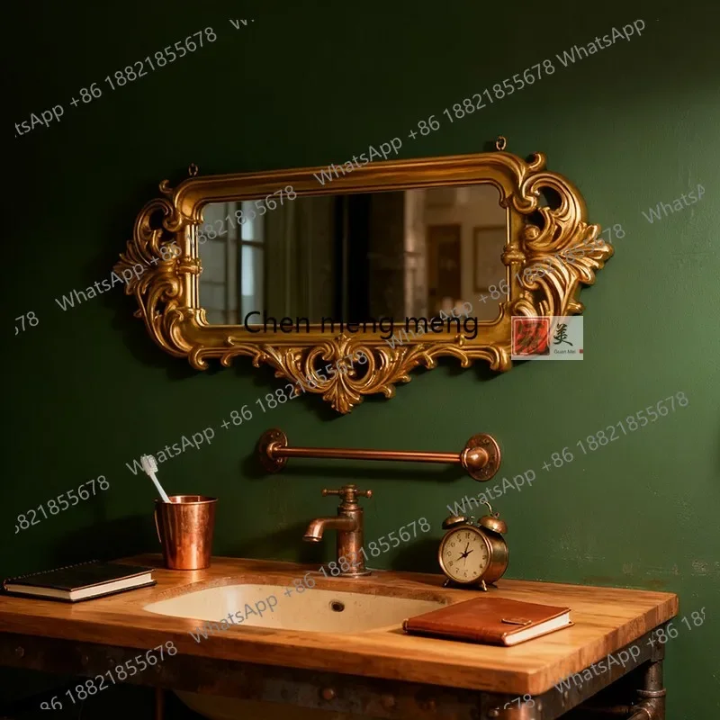 

French retro carved makeup mirror wall hanging American bathroom bathroom mirror, European living room fireplace