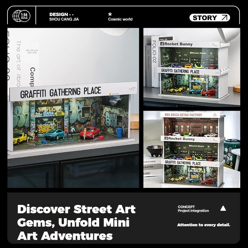 Coletor 1:64 modelo de cena em miniatura de oficina de carro, simulação de estacionamento com luzes, caixa de exibição de armazenamento de garagem