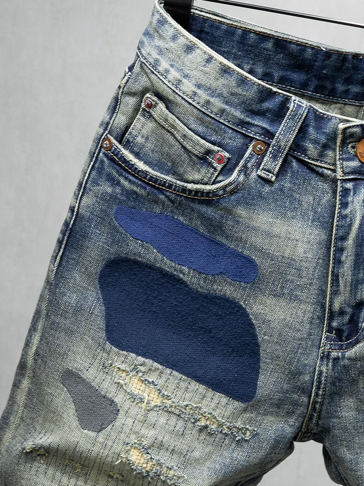 Summer Blue Ripped Denim Shorts Men Streetwear Casual Geometry Patches Slim Fit Short Jeans