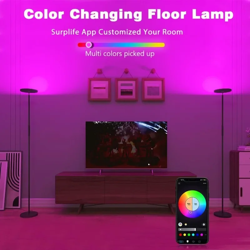 Living Room Floor Lamp, Smart 2000LM Bright Floor LED Lamps, 16 Million RGB Dimmable Color Temperature Standing Tall Lamp