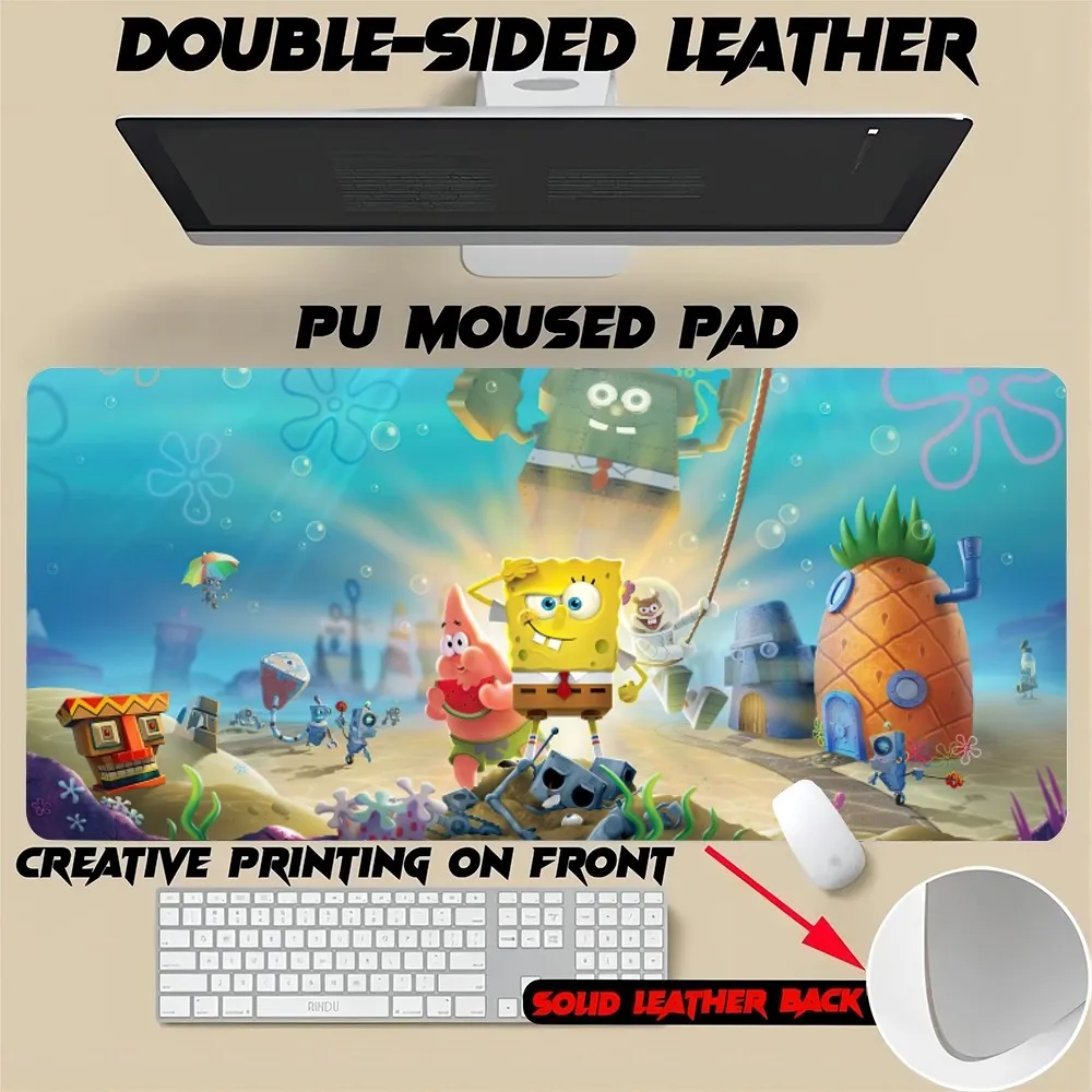 S-SpongeBobES Mouse Pad Gamer Mouse Pad Size For Office Mat Desk Waterproof Table Mat Gameing Trendy PU Leather XXL