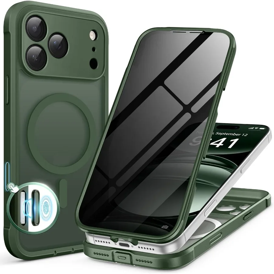 Deep Green Matte Phone Case with Built-in Privacy Screen Protector and Camera Protection for iPhone 17 Pro Max 6.9 Compatible w