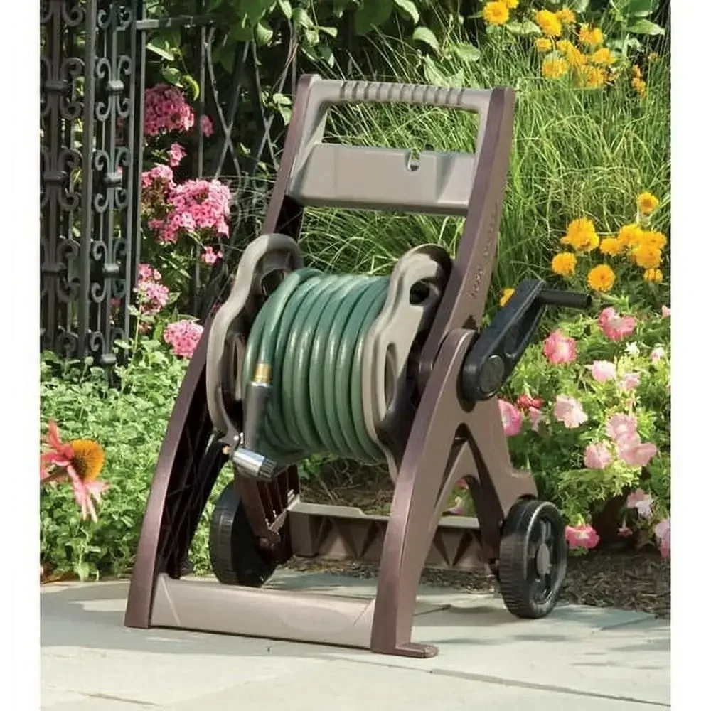 175' Hose Reel Cart Garden Transport Wheels Leader Hose Storage Compartment UV Resistant Non Assembly Mocha Taupe Suncast