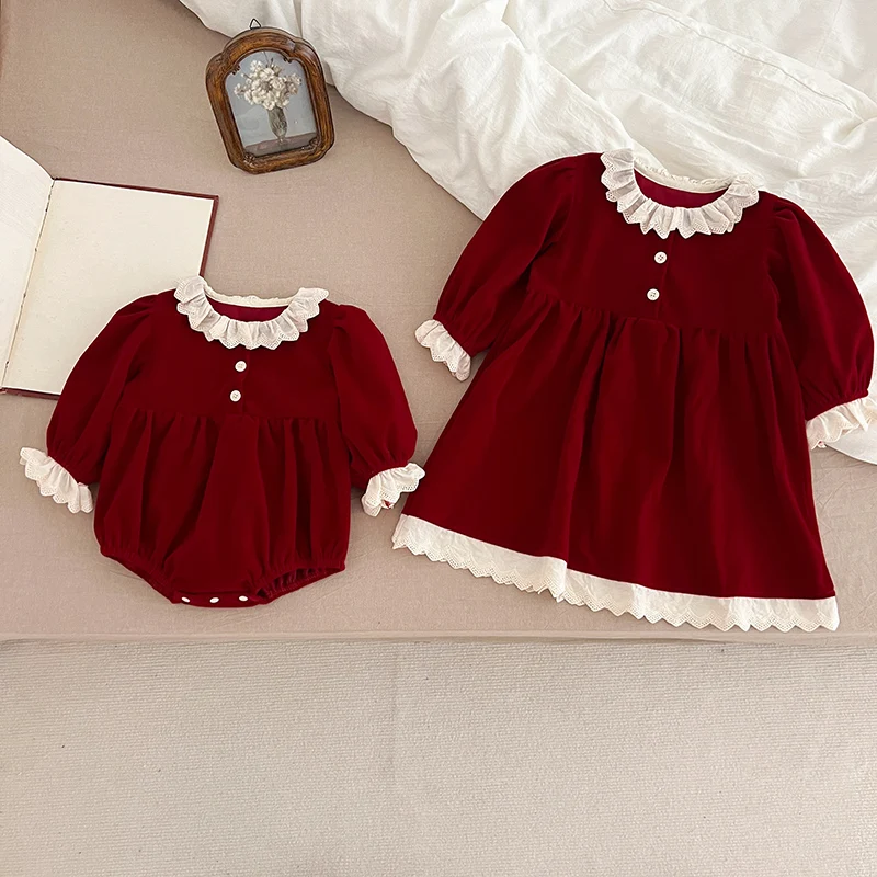 2024 New Autumn Sister Dress Christmas 2-6Yrs Girl Party Dress Long Sleeves Lace Splicing Kids Princess Dresses Baby Girl Romper