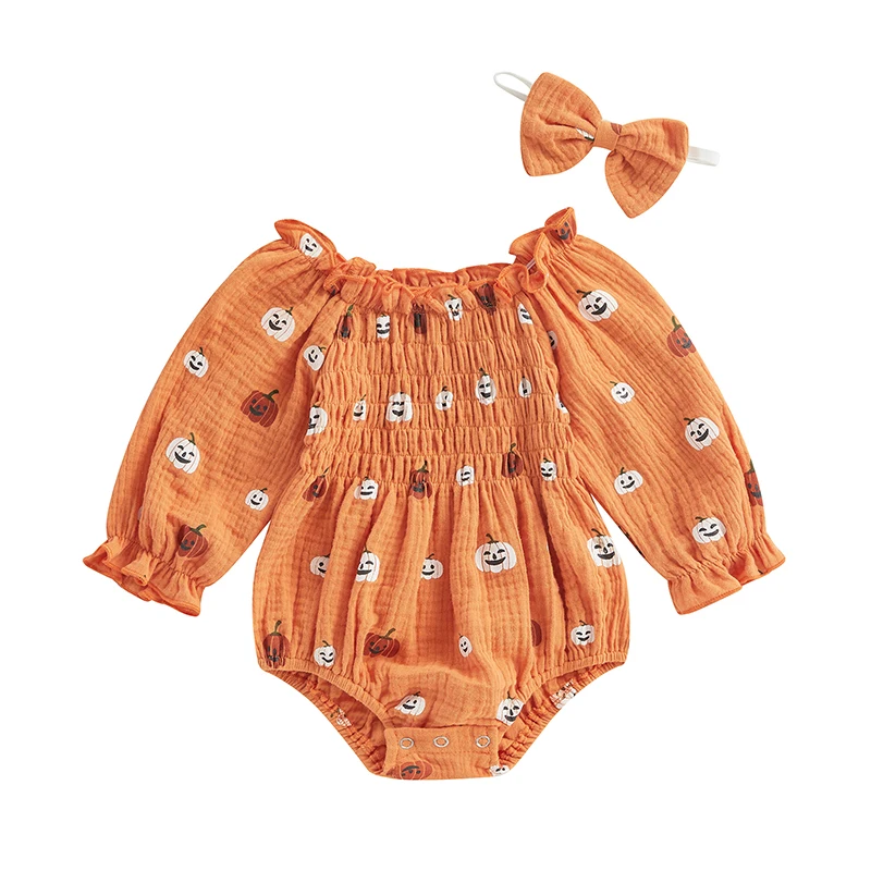 Baby Girl Halloween Bodysuit 2Pcs Cartoon Pumpkin Print Ruched Off Shoulder Long Sleeve Shorts Jumpsuit+ Bow Headband Streetwear