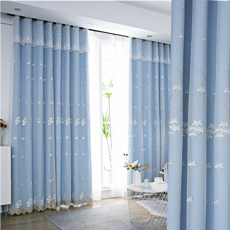 Nordic Style Double layer Curtain Pastoral Embroidered Cloth Tulle Integrated Blackout for Bedroom Living Room Window Treatment