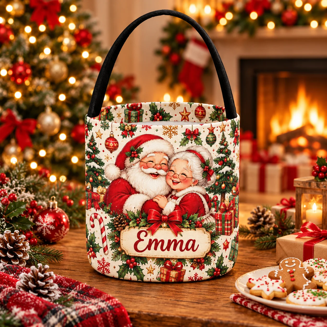 1PC Personalized Christmas Tote Bag Custom Name Santa Faux Linen Round Bucket Handbag Reusable Shopping Travel Gift