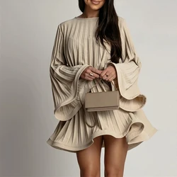 2026  New Spring Summer Elegant Pleated Dress Women Fashion Solid Round Neck Flared Sleeve Lace-up Pleated Mini Dress Women