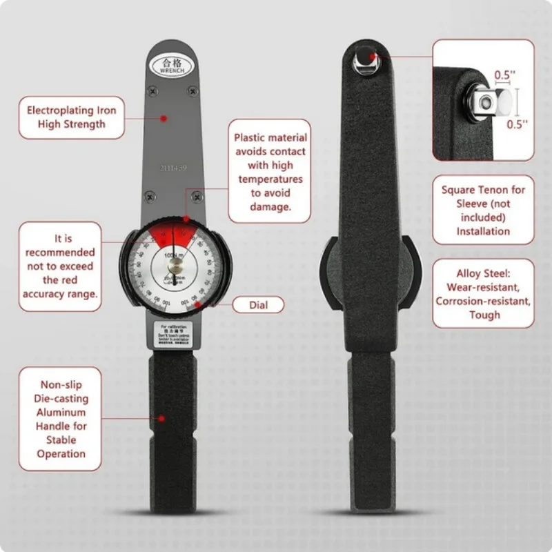 Dial Type Torque Wrench Spanner 1/2'' Drive 0-100NM Range Self-contained Torque Parameter Table Diesel Injector Repair Tool