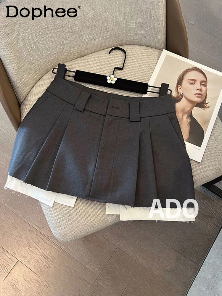 

Fashion High Waist Stitching A-Line Skirt Women Spring Summer New College Style Miniskirt Retro Short Culottes Pleated Skirt