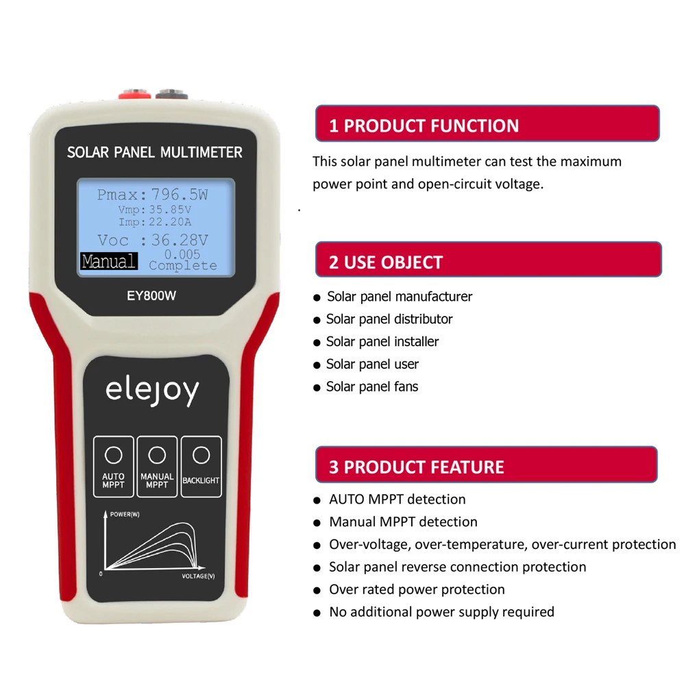 400W/800W Solar Panel Power Supply Multimeter Auto Manual MPPT Detection Open Circuit Voltage Tester Troubleshooting Tool Meter