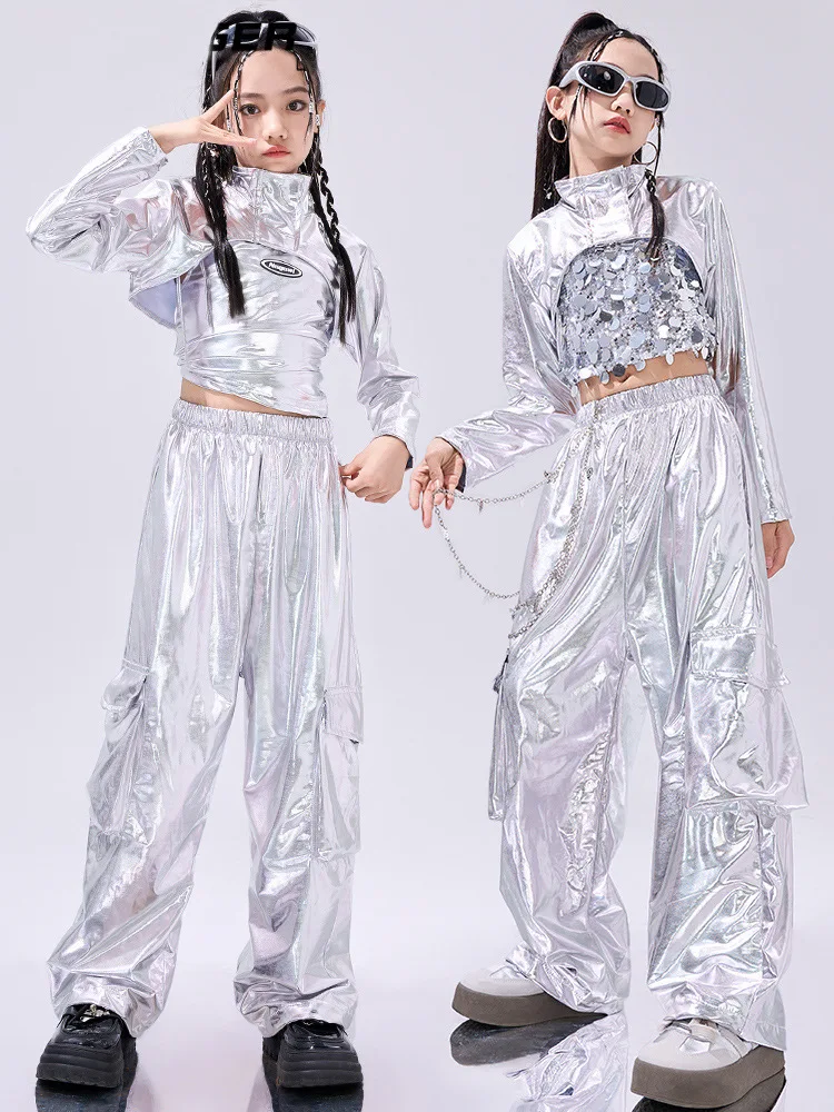 Girls Silver Sequins Hip Hop Costume Crop Top Sequin Vest Shiny Pants for Kids Jazz Clothes Street Dance Stage
