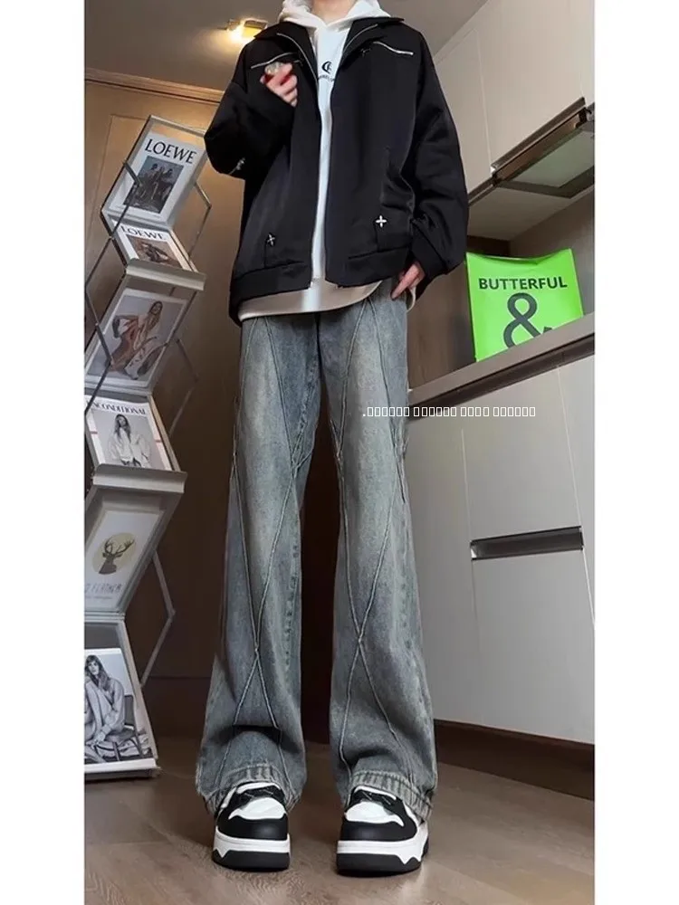 

Retro American Spliced Waed Blue Jeans Men's Haome High Street Straight Leg Slimming Micro Flared Pants Cotton Polyester...