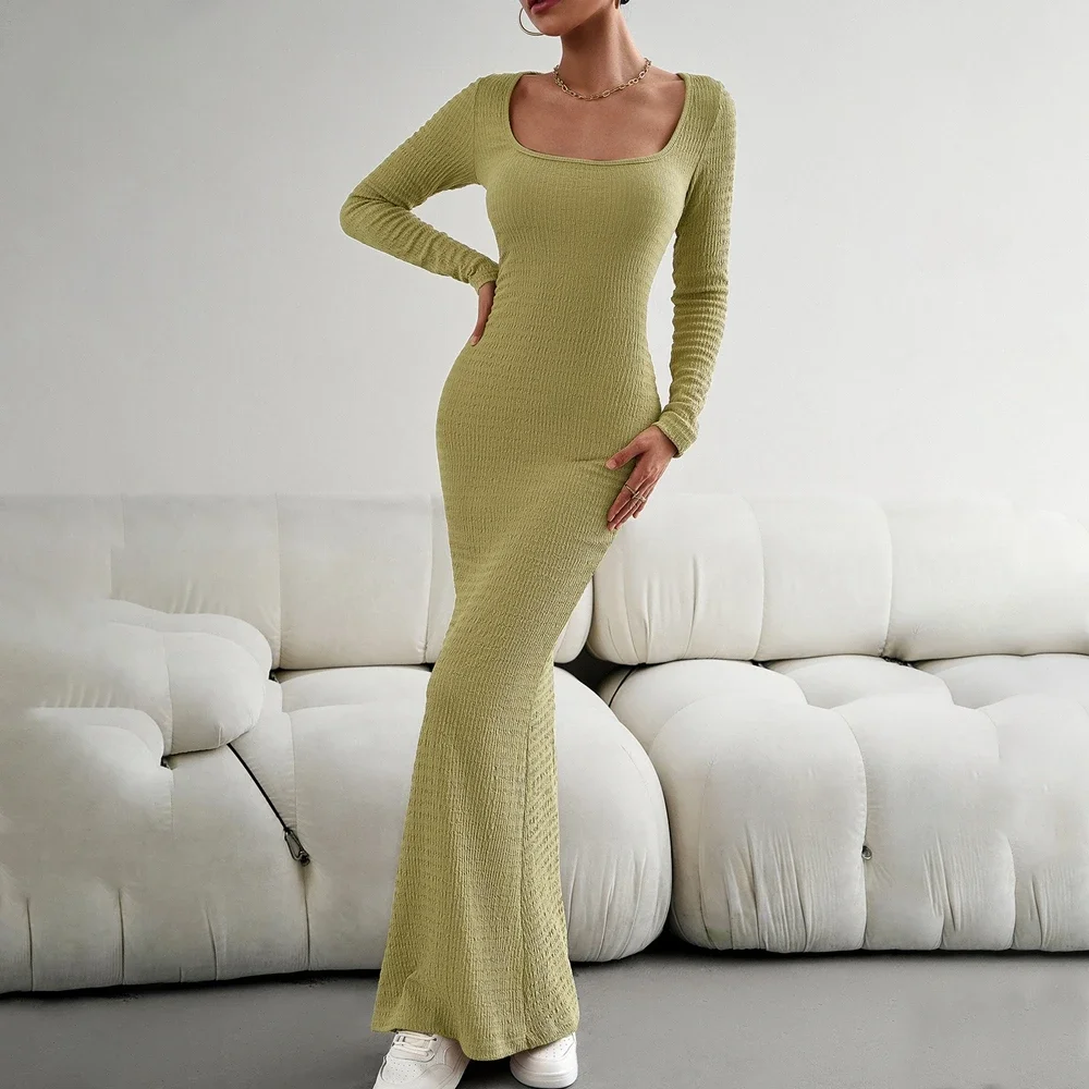 Autumn Winter Knitted Dress Women 2023 Elegant A-line Long Maxi Bodycon Dresses Female Casual Black Ribbed Maxi Robe Ladies