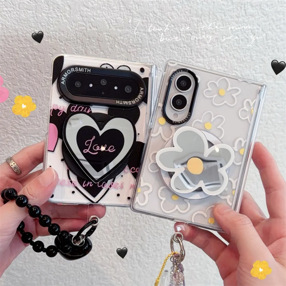 Korea Cute Flower Mirror Magnetic Stand Phone Case For Samsung Galaxy Z Fold 8 Ultra Fold7 Kawaii Protective Cover For Magsafe