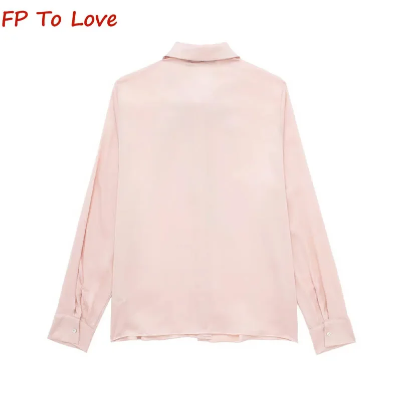 OOTD Clashing Bow Trimmed Silk Satin Textured Blouse PB&ZA Woman Office Pink Long Sleeve Top 3666051