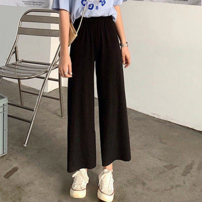 Wide Leg Pants Women Spring Pure Black Korean All-match Trendy Elegant Casual Daily Female Trousers Elastic Waist Hot Sale Chic