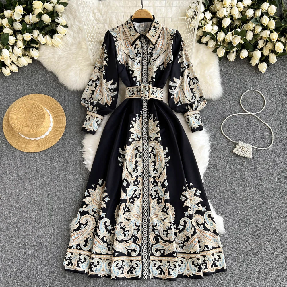 Chinese Style Court Printed Long Dress Women Spring Autumn Fashion Elegant Lady Party Dress Female Dropshipping Cheap Wholesale