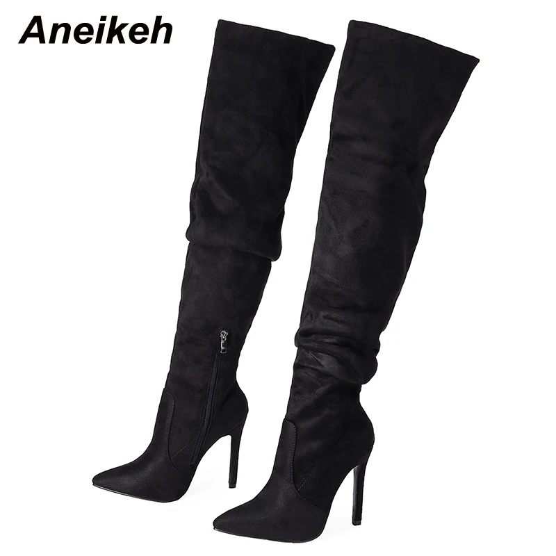 Aneikeh Women\'s Fashion Trend Pointed Toe Thin Heel Over Knee Boots 2024 Spring/Autumn Flock Splicing Side Zipper Chelsea Boots