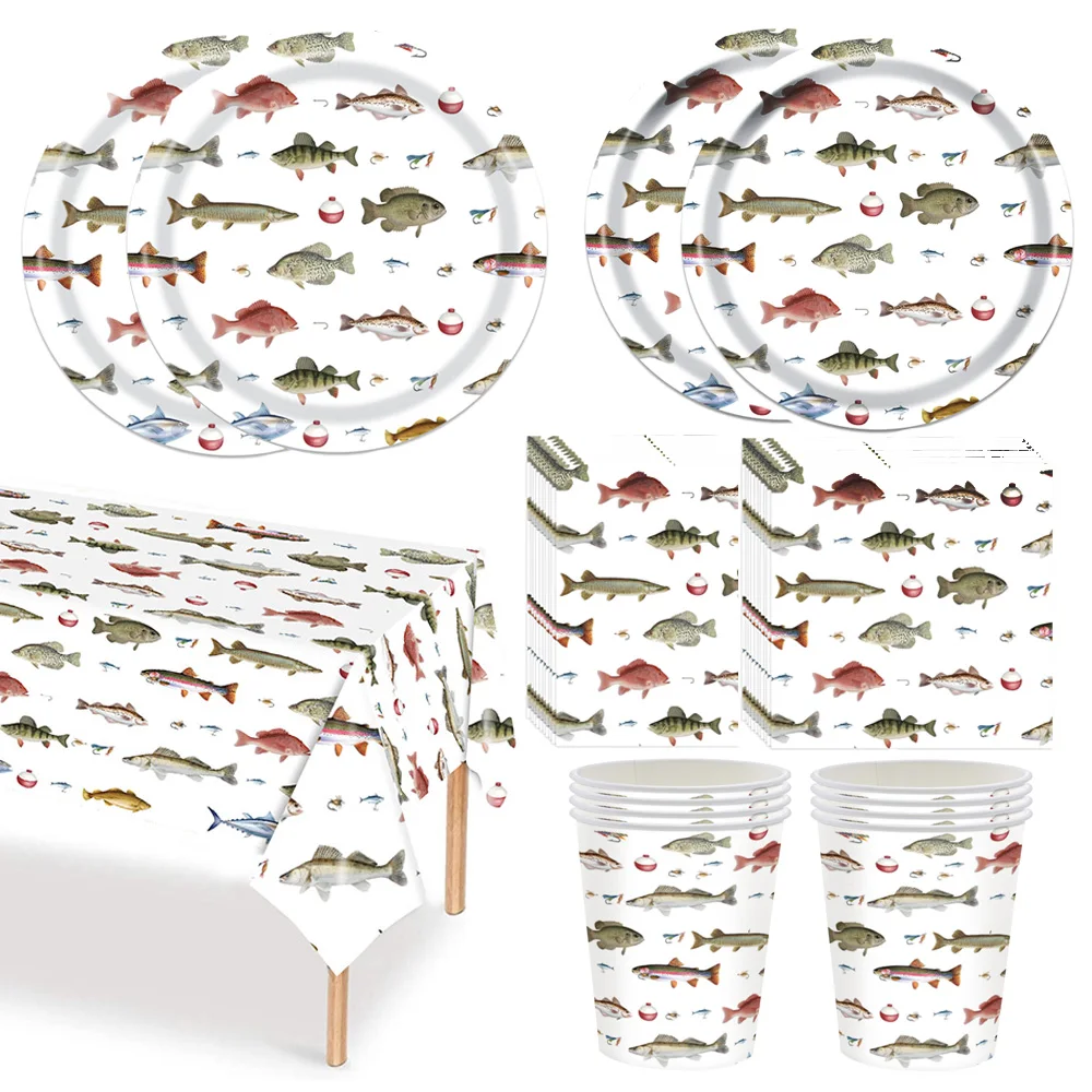 Gone Fishing Tableware Disposable Paper Plates Little Fisherman Fish Themed Plates Napkins Table Cover Birthday Party Decoration