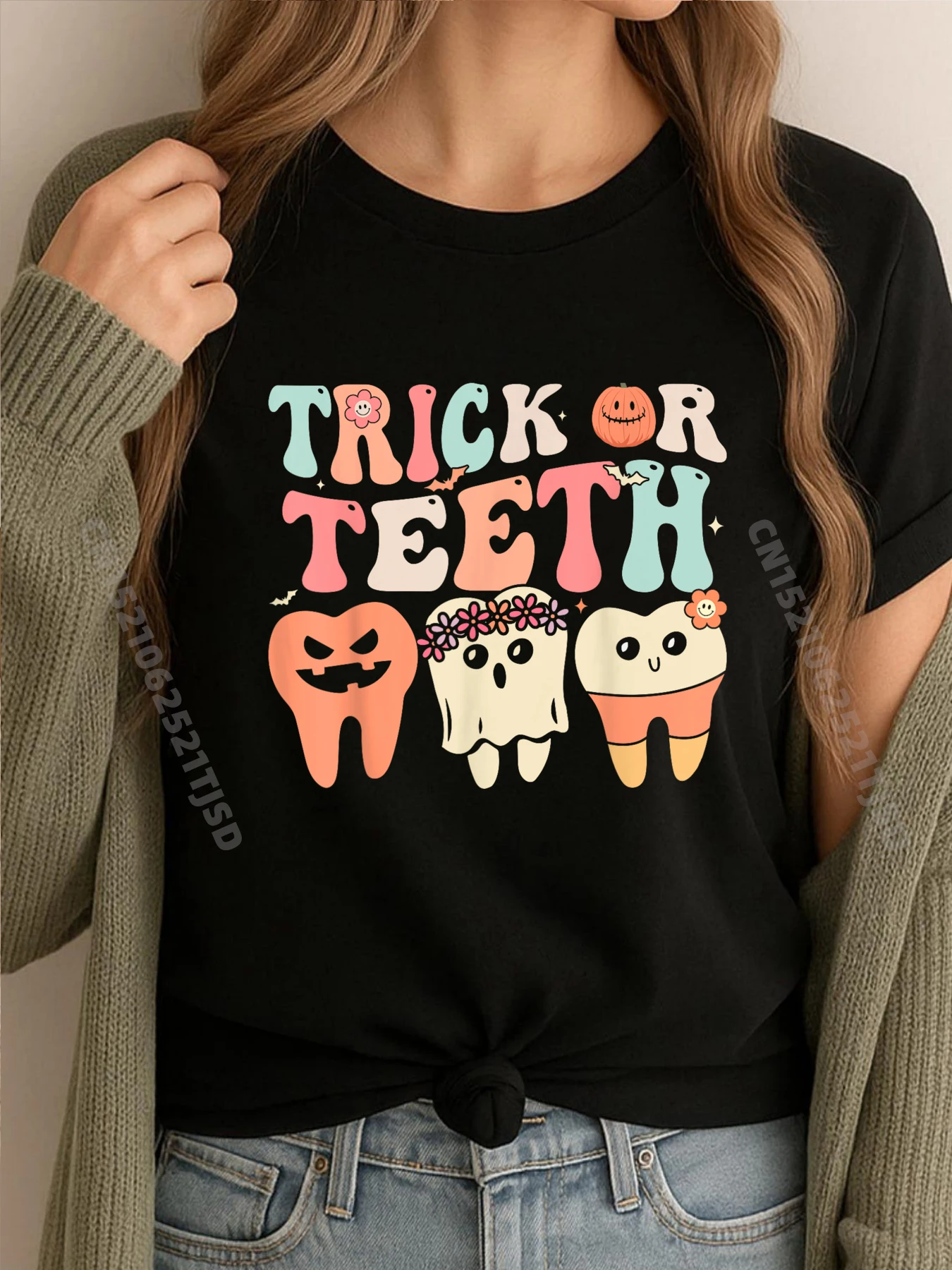 

Retro Groovy Trick Or Teeth Dental Halloween Dentist 3XL Woman Clothing Breathable Streetwear Woman Plus Size Hip Hop