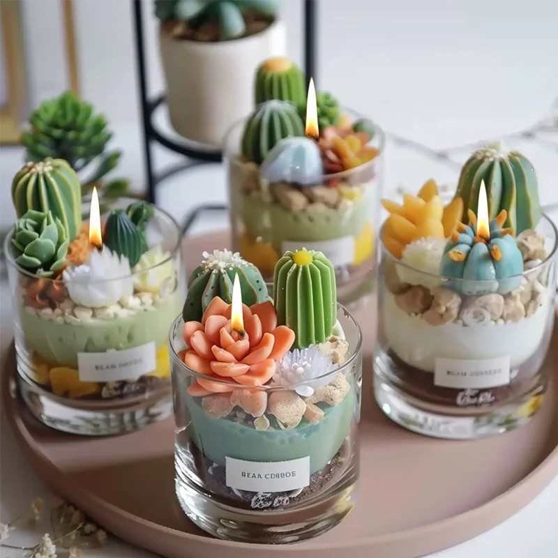 3D Silicone Succulent Candle Mold DIY Simulation Cactus Flower Plant Soap Aromatherapy Mold Handmade Pudding Cake tool Mold Set