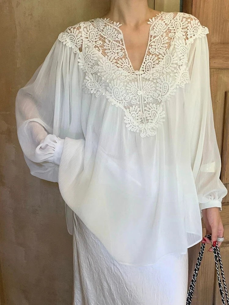 

French Style Lace Splicing Chiffon Shirt Heavy Embroidery Transparent Loose Slimming Sun Protection Vacation Romantic Women's...