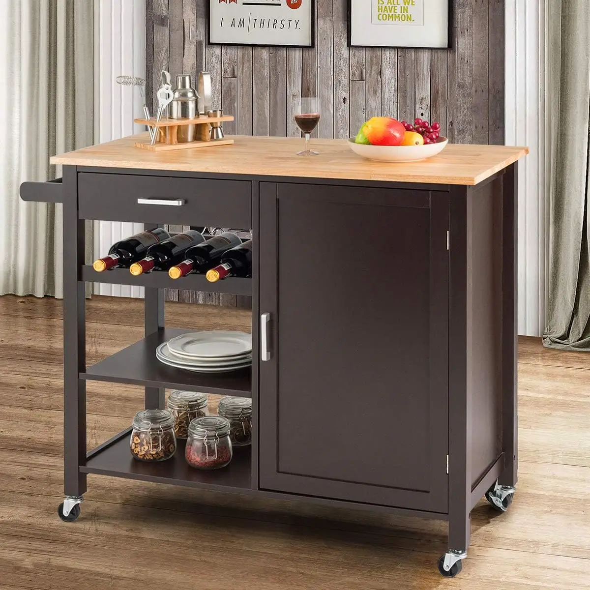 Kitchen Island Cart Rolling Serving Cart Wood Trolley with Drawer, Storage Cabinet, 4 Wine Bottle Rack, Towel Rack and Lockable