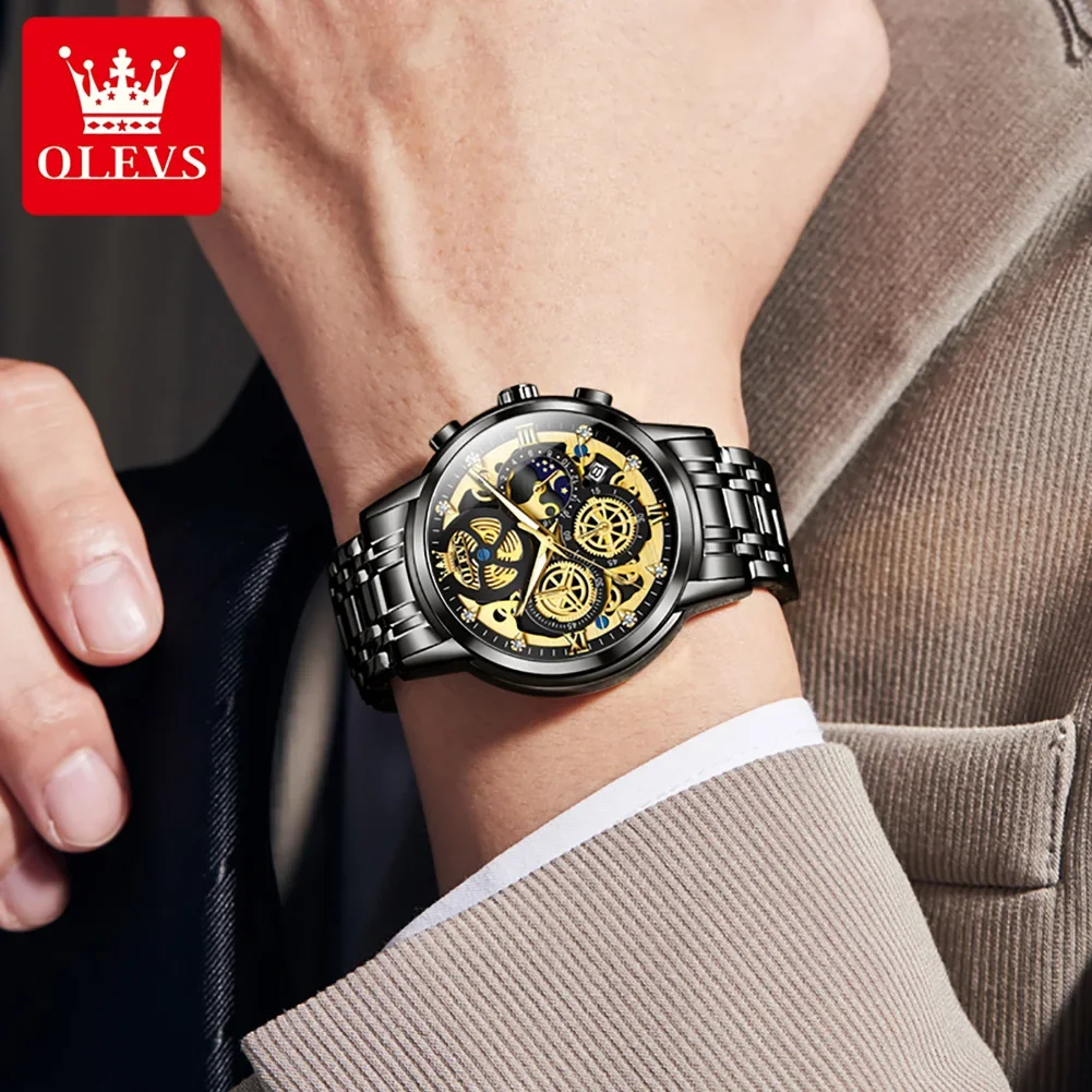 OLEVS Fashion Automatic Movement Watch for Men Luxury Stainless Steel Men\'s Quartz Watch Waterproof Luminous Skeleton Wristwatch