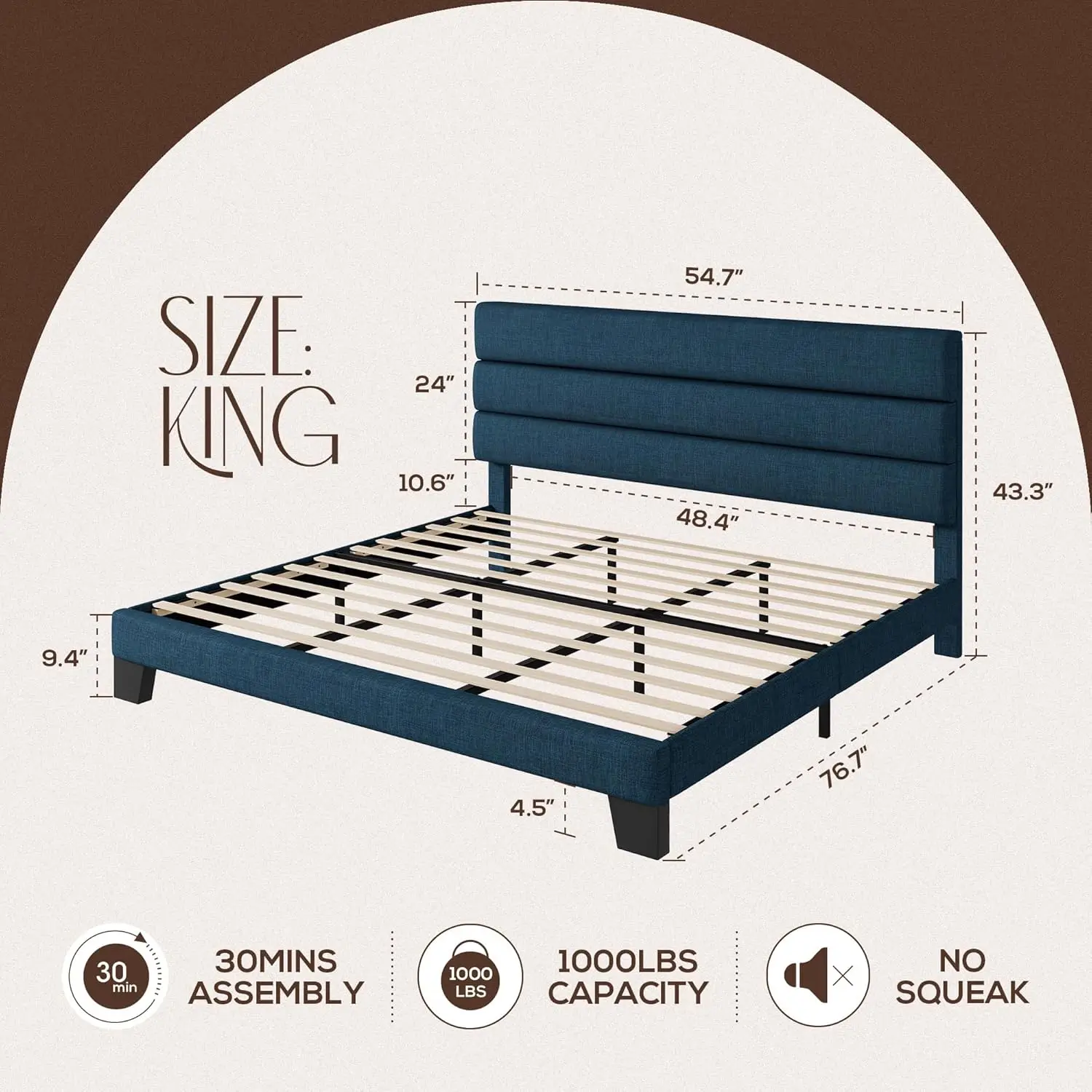 King Bed Frame Platform Bed with Linen Fabric Upholstered Headboard and Wooden Slats Support, Heavy Duty Mattress Foundation,