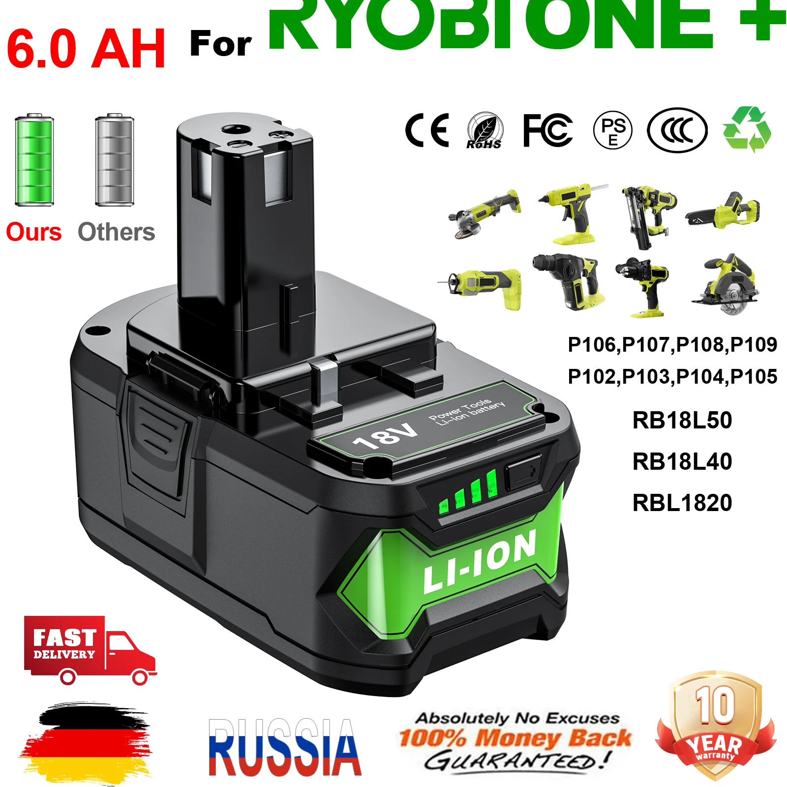 For Roybi P108 Battery 6000mAh With 6A Dual Charger Replacement Battery For Roybi 18V ONE System P102 P103 P104 P105 P107 P109