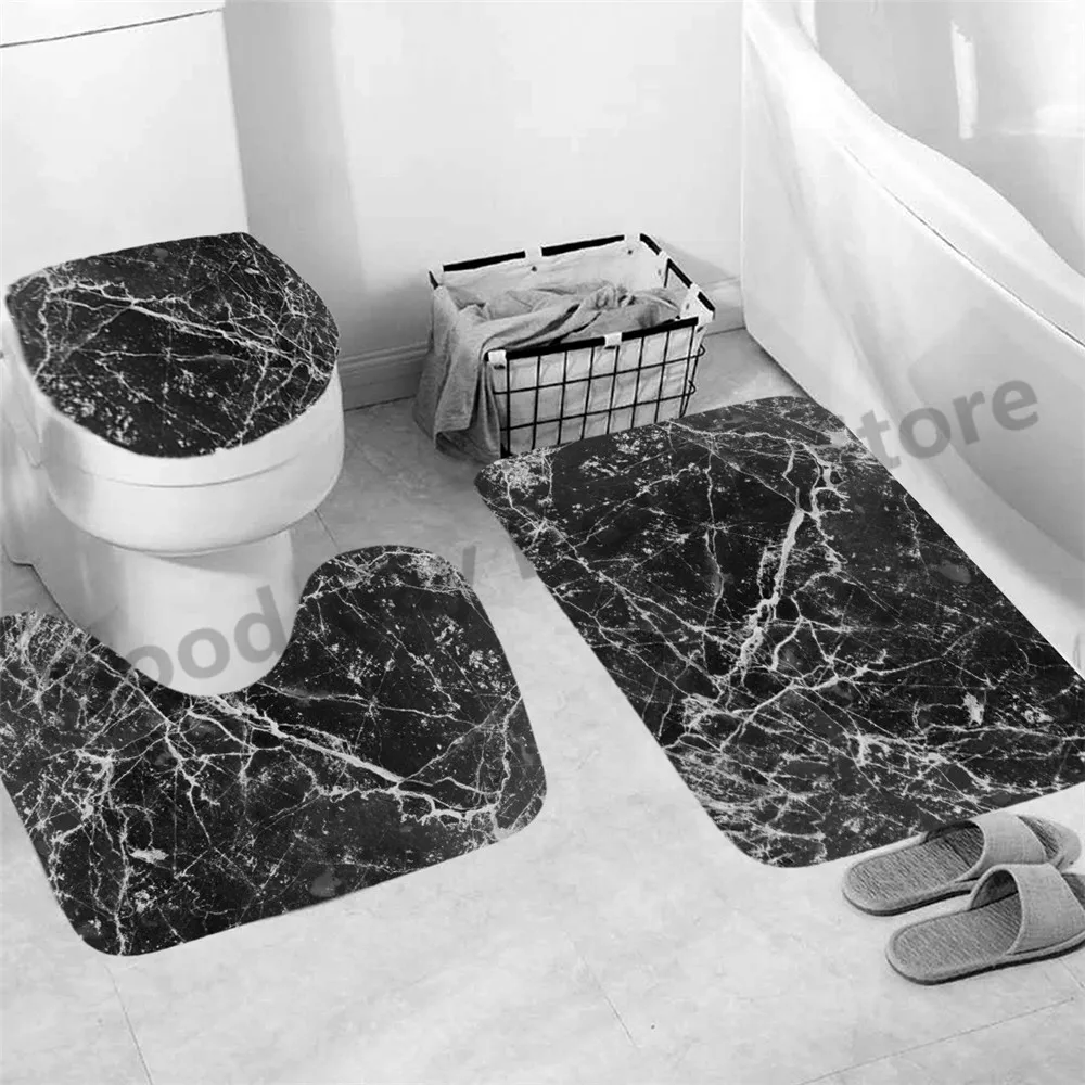 3pcs Luxury Black Gold Shower Bathroom Mat Carpet Non Slip Mug Modern Marble Toilet Seat Lip Cover Bath Home Decor Accessories