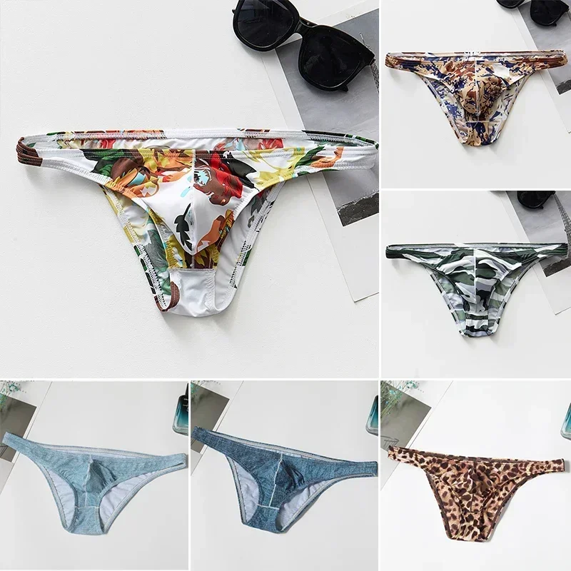 Ice Silk Bikini Trunk Mens Leopard G-Strings Thongs Printed Briefs Quick Dry Swimwear Beachwear Breathable Bulge Pouch Panties