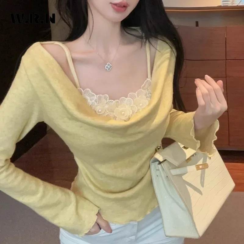 Fairy Sexy Floral Lace Patchwork Long Sleeve Yellow T-Shirts Women's Fashion Hotsweet Club Style Sheath Coquette Tees Tops