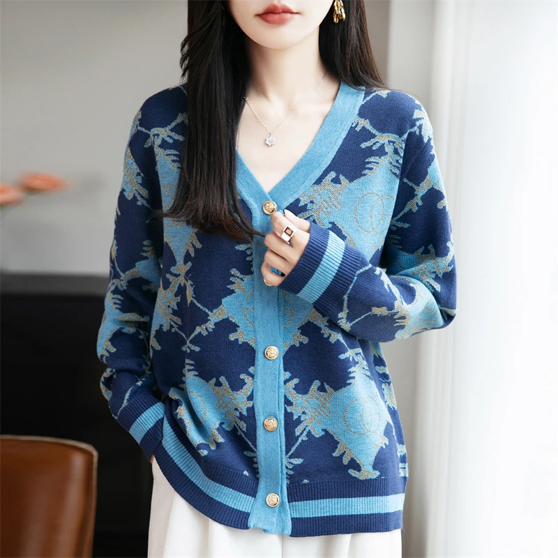 

Осенне-зимний новый кардиган, женский жаккардовый свитер с цветными блоками, кардиган с v-образным вырезом, топ, свободная вязаная теплая куртка для женщин