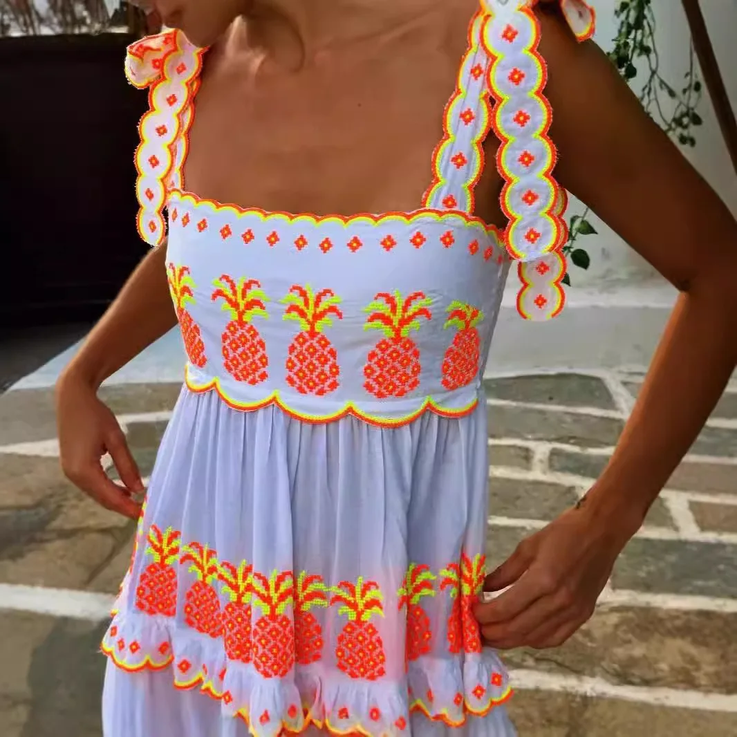 

Color Matching Lace Printed Dress Stitching Lace Pleated A-word Suspender Dress Casual Fashion 2025 New Women's Summer Nightgown
