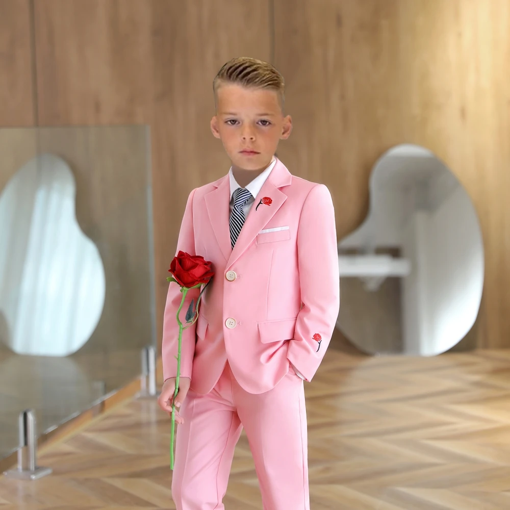 Cute Pink Child Suit Set Wedding Ring Bearer Outfit Fast Delivery Boys Suits 3 Pieces Blazer Pants Tie For Piano Performance