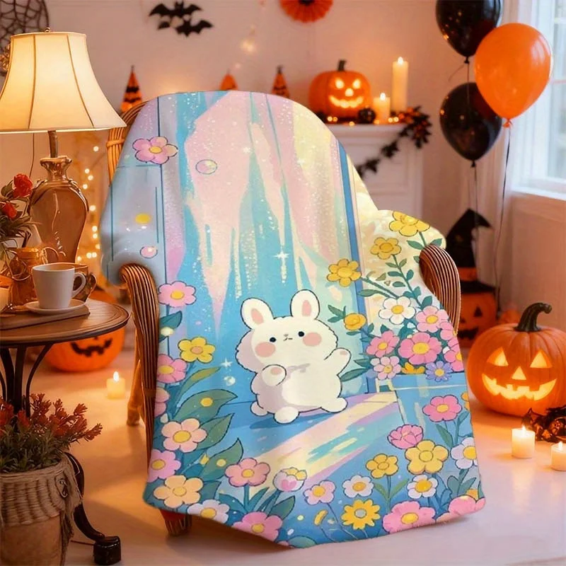 1pc Whimsical Rabbit & Floral Blanket - Soft Flannel All-Season Cozy Throw with Pastel Pink, Yellow, Green, Purple, Orange, Brow