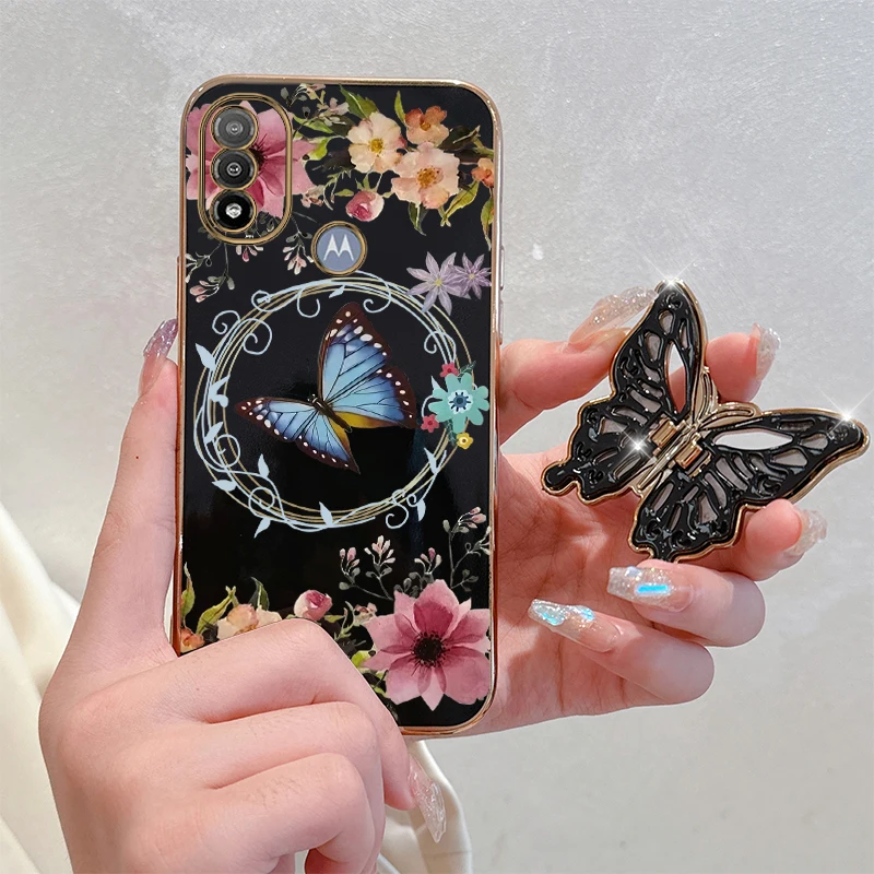 E 20 Flower Butterfly Plating Holder Phone Case For Motorola Moto G13 E13 E22 E32 E20 E22i E7Plus E7Power EDGE 20 EDGE 30 Cover