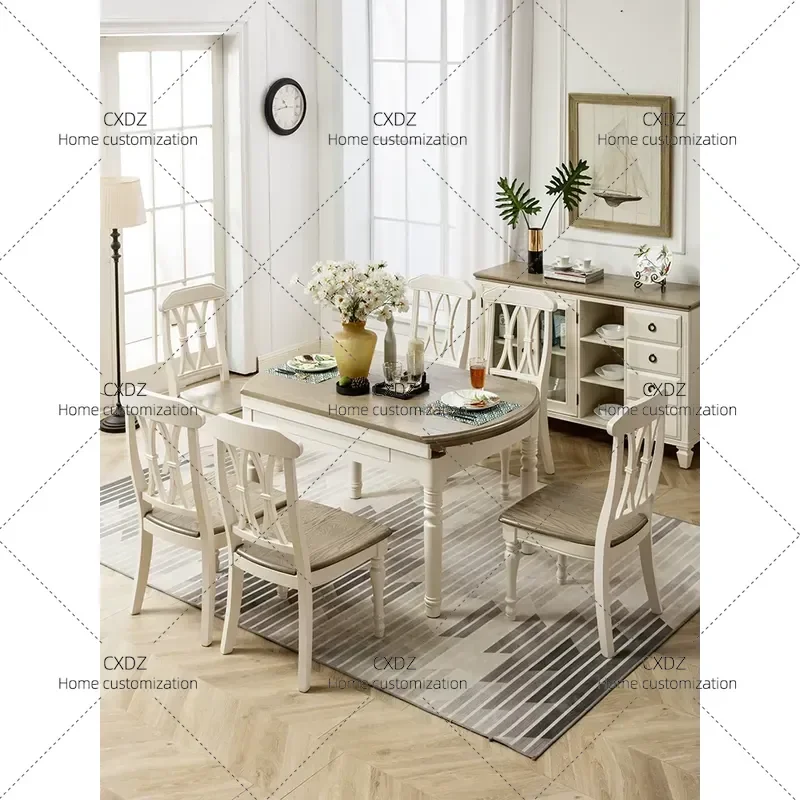 Solid Wood Dining Table and Chair Set Telescopic Folding Round Oval Extendable Table Mediterranean Style Furniture