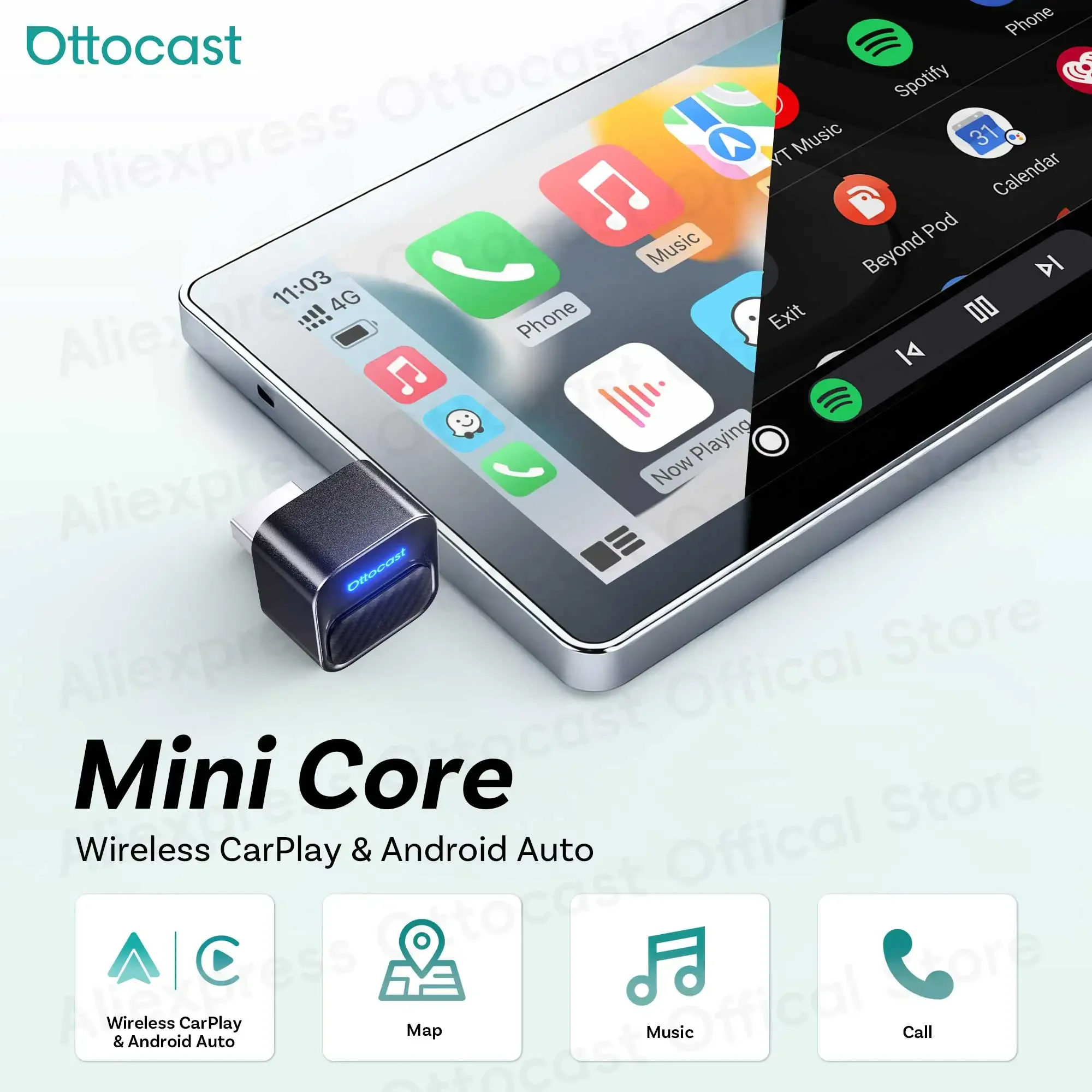 

Ottocast Mini Core Wireless CarPlay Android Auto Adapter 2 in 1 Tiny Dongle with Smart Button Car Accessories for VW Toyota MG
