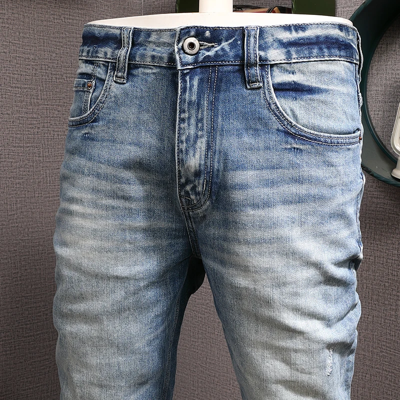 Italian Style Fashion Men Jeans Retro Light Blue Elastic Slim Fit Ripped Jeans Men Trousers Vintage Designer Denim Pants Hombre
